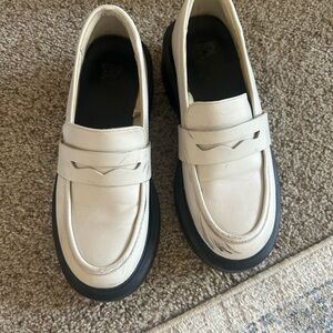 Women’s White Leather Penny Loafers with Black Sole